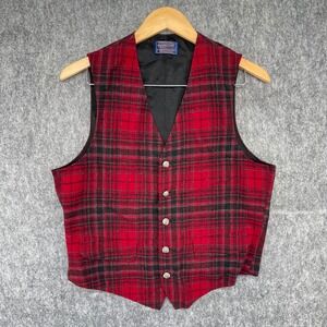 Pendleton Vest Mens 40 Red Black Plaid Wool Virgin Wool Button Front Lined